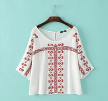 Ethnic Flare sleeve Flower Embroidery Shirt Large O neck Slit cuff Pullover Blouse Tops blusas femme blusa White Black