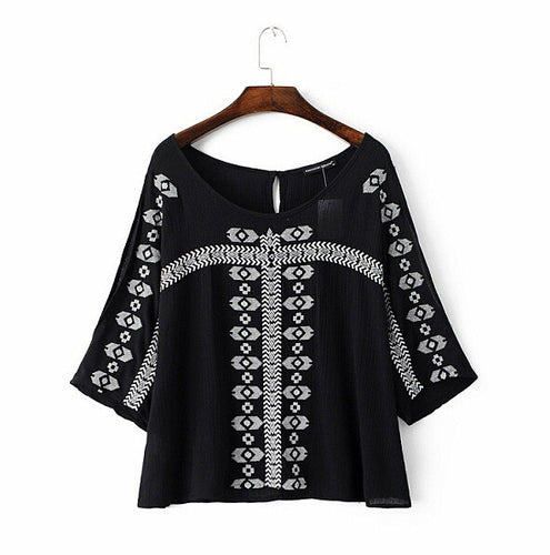 Ethnic Flare sleeve Flower Embroidery Shirt Large O neck Slit cuff Pullover Blouse Tops blusas femme blusa White Black