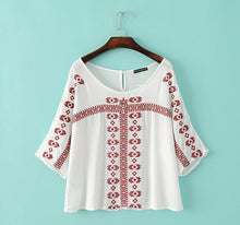 Ethnic Flare sleeve Flower Embroidery Shirt Large O neck Slit cuff Pullover Blouse Tops blusas femme blusa White Black