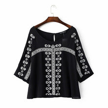 Ethnic Flare sleeve Flower Embroidery Shirt Large O neck Slit cuff Pullover Blouse Tops blusas femme blusa White Black
