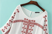 Ethnic Flare sleeve Flower Embroidery Shirt Large O neck Slit cuff Pullover Blouse Tops blusas femme blusa White Black