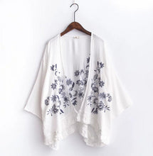 Ethnic Flower Embroidery Shirt tassel Cardigan Blouse Tops 3/4 sleeve blusas chemise femme blusa white