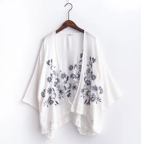 Ethnic Flower Embroidery Shirt tassel Cardigan Blouse Tops 3/4 sleeve blusas chemise femme blusa white
