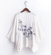 Ethnic Flower Embroidery Shirt tassel Cardigan Blouse Tops 3/4 sleeve blusas chemise femme blusa white