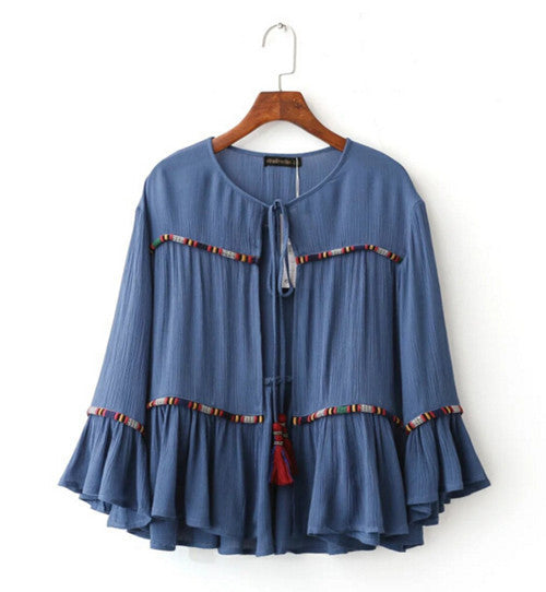 Ethnic Lacing up O neck Flare sleeve Embroidery Jacket Women Tassel Skirt-hem Loose Kimono Jacket Coat Sunscreen Femme