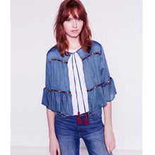 Ethnic Lacing up O neck Flare sleeve Embroidery Jacket Women Tassel Skirt-hem Loose Kimono Jacket Coat Sunscreen Femme