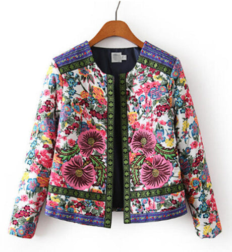 Ethnic O neck Embroidered Contrast Color Floral Print Paisley Jacket Women's Vintage Thin Padded Jacket Coats