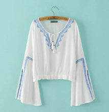 Ethnic Slit Flare sleeve Geometric Embroidery Shirt V neck Strappy Pullover Blouse Tops blusas femme blusa 3 colors