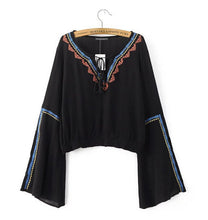 Ethnic Slit Flare sleeve Geometric Embroidery Shirt V neck Strappy Pullover Blouse Tops blusas femme blusa 3 colors