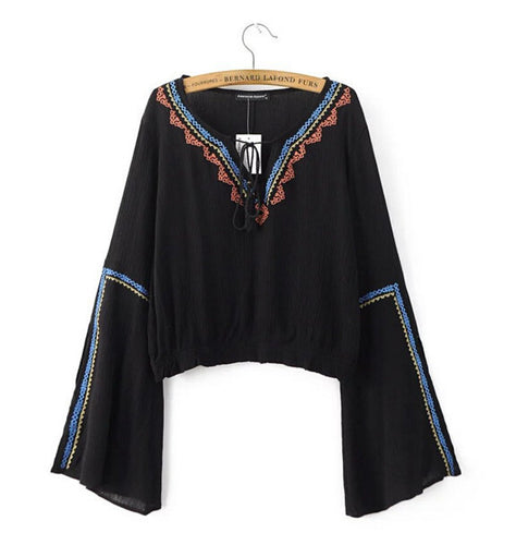 Ethnic Slit Flare sleeve Geometric Embroidery Shirt V neck Strappy Pullover Blouse Tops blusas femme blusa 3 colors