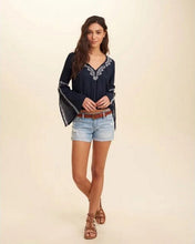 Ethnic Slit Flare sleeve Geometric Embroidery Shirt V neck Strappy Pullover Blouse Tops blusas femme blusa 3 colors