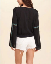 Ethnic Slit Flare sleeve Geometric Embroidery Shirt V neck Strappy Pullover Blouse Tops blusas femme blusa 3 colors