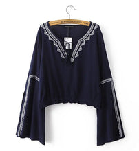 Ethnic Slit Flare sleeve Geometric Embroidery Shirt V neck Strappy Pullover Blouse Tops blusas femme blusa 3 colors