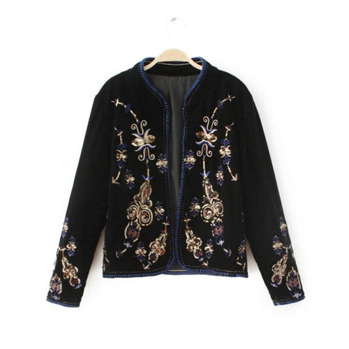 Ethnic Spliced Sequin Flower Embroidery Velour Jacket Vintage Woman Contrast color V neck Coat Tops Femme Outwear Black