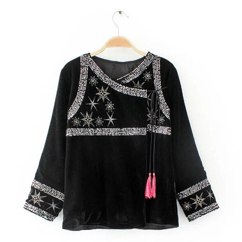 Ethnic Spliced Sequins Embroidery Stars Tassels Velour Jacket Vintage Woman Ribbons Loose Kimono Cardigan Coat Sunscreen