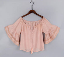 Ethnic Stream neck Flare sleeve Shirt Women Hollow Out Strappy Lace Cuff Pullover Blouse Tops blusas chemise femme