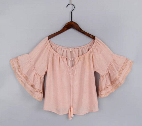 Ethnic Stream neck Flare sleeve Shirt Women Hollow Out Strappy Lace Cuff Pullover Blouse Tops blusas chemise femme