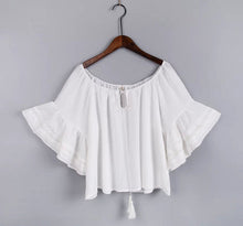 Ethnic Stream neck Flare sleeve Shirt Women Hollow Out Strappy Lace Cuff Pullover Blouse Tops blusas chemise femme