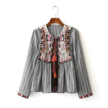 Ethnic Striped Print Geometric Embroidery Shirt Strappy Tassel O neck Cardigan Blouse Tops blusas chemise femme blusa