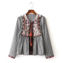 Ethnic Striped Print Geometric Embroidery Shirt Strappy Tassel O neck Cardigan Blouse Tops blusas chemise femme blusa