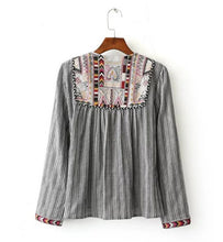 Ethnic Striped Print Geometric Embroidery Shirt Strappy Tassel O neck Cardigan Blouse Tops blusas chemise femme blusa