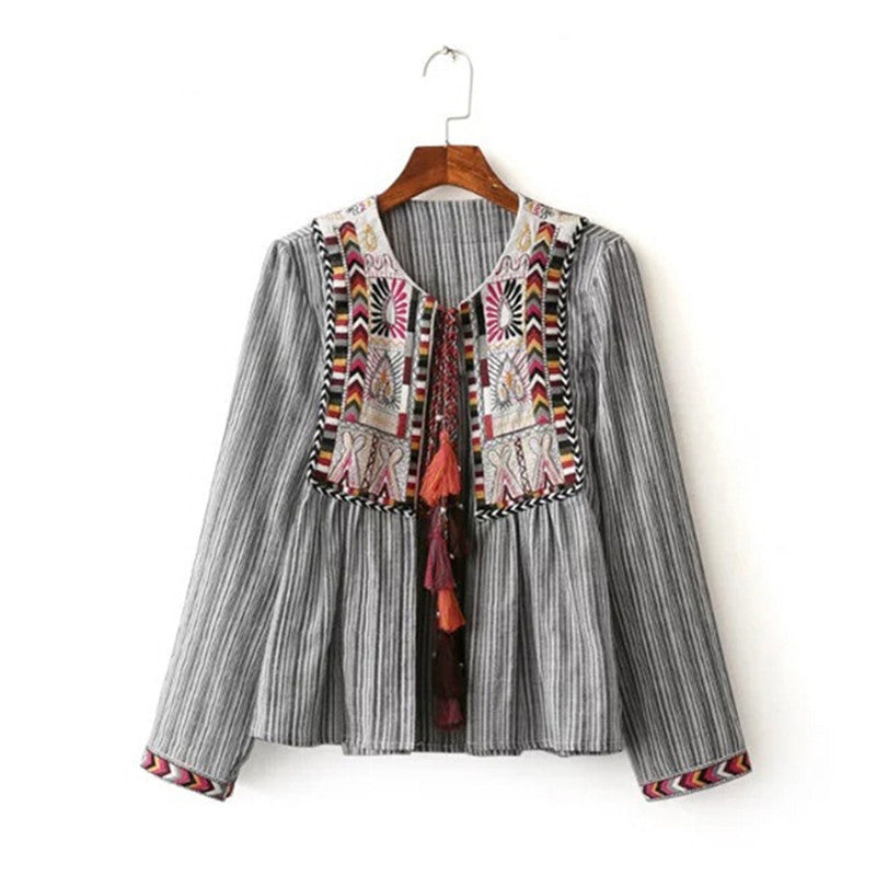 Ethnic Striped Print Geometric Embroidery Shirt Strappy Tassel O neck Cardigan Blouse Tops blusas chemise femme blusa