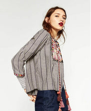 Ethnic Striped Print Geometric Embroidery Shirt Strappy Tassel O neck Cardigan Blouse Tops blusas chemise femme blusa