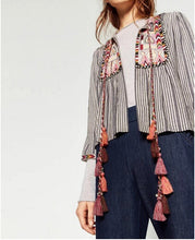 Ethnic Striped Print Geometric Embroidery Shirt Strappy Tassel O neck Cardigan Blouse Tops blusas chemise femme blusa