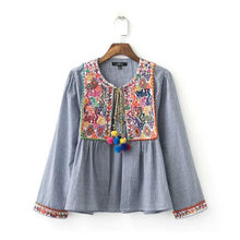 Ethnic Striped Print Geometric Embroidery Shirt Strappy ball tassel Cardigan Blouse Tops blusas chemise femme blusa