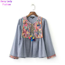 Ethnic Striped Print Geometric Embroidery Shirt Strappy ball tassel Cardigan Blouse Tops blusas chemise femme blusa