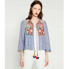Ethnic Striped Print Geometric Embroidery Shirt Strappy ball tassel Cardigan Blouse Tops blusas chemise femme blusa