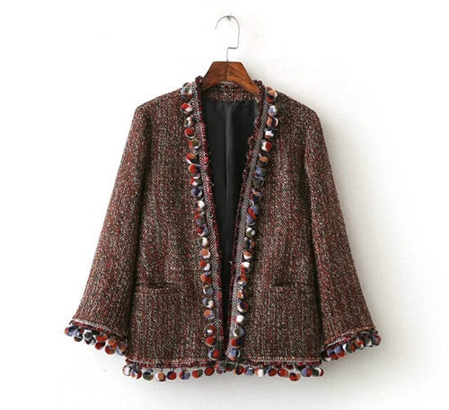 Ethnic Tassel Ball Jacket Woman Mix color Spliced Fringed Colored Balls Bomber Jacket Coat Pilots Outerwear