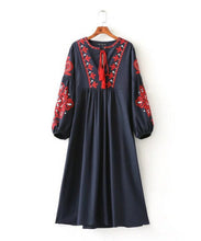 Ethnic Tassel Lacing up O neck Flower Embroidery Dress Woman Loose Lantern sleeve Mid Long Dresses Femme s m l
