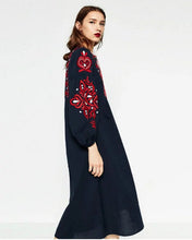 Ethnic Tassel Lacing up O neck Flower Embroidery Dress Woman Loose Lantern sleeve Mid Long Dresses Femme s m l