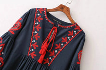 Ethnic Tassel Lacing up O neck Flower Embroidery Dress Woman Loose Lantern sleeve Mid Long Dresses Femme s m l