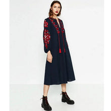 Ethnic Tassel Lacing up O neck Flower Embroidery Dress Woman Loose Lantern sleeve Mid Long Dresses Femme s m l