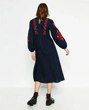 Ethnic Tassel Lacing up O neck Flower Embroidery Dress Woman Loose Lantern sleeve Mid Long Dresses Femme s m l