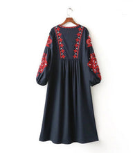 Ethnic Tassel Lacing up O neck Flower Embroidery Dress Woman Loose Lantern sleeve Mid Long Dresses Femme s m l