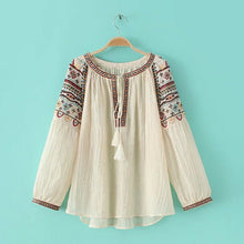 Ethnic Tassel Lacing up O neck Geometric Embroidery Shirt Contrast color Strappy Pullover Blouse Tops blusas femme blusa