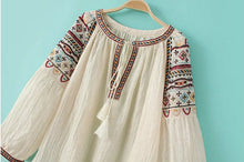 Ethnic Tassel Lacing up O neck Geometric Embroidery Shirt Contrast color Strappy Pullover Blouse Tops blusas femme blusa