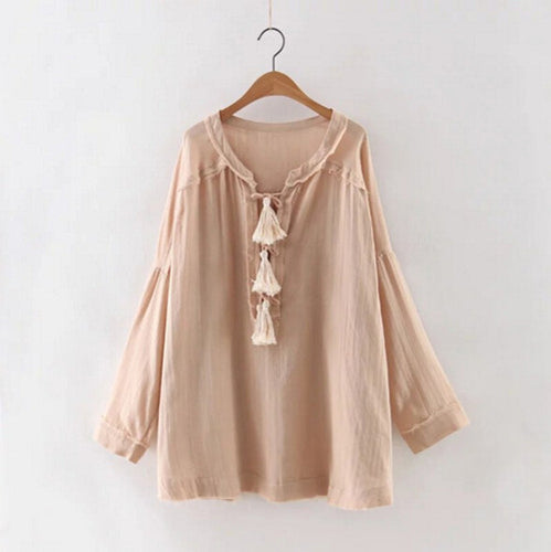 Ethnic Tassel ball Stream neck Unedged fringed Shirt Women V neck Strappy Pullover Blouse Tops blusas femme  S M L