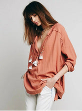 Ethnic Tassel ball Stream neck Unedged fringed Shirt Women V neck Strappy Pullover Blouse Tops blusas femme  S M L