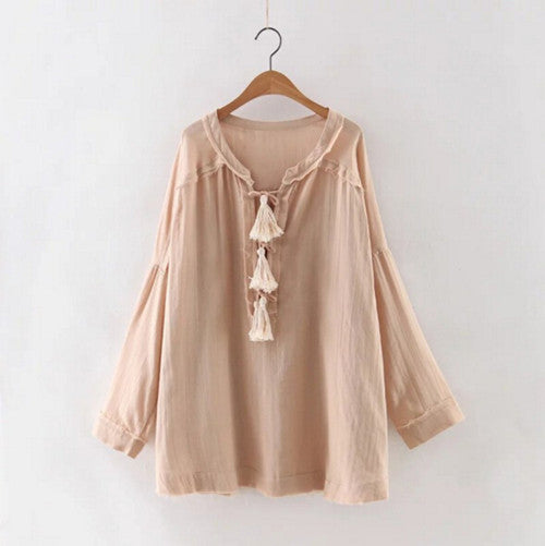 Ethnic Tassel ball Stream neck Unedged fringed Shirt Women V neck Strappy Pullover Blouse Tops blusas femme  S M L