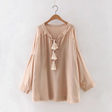 Ethnic Tassel ball Stream neck Unedged fringed Shirt Women V neck Strappy Pullover Blouse Tops blusas femme  S M L