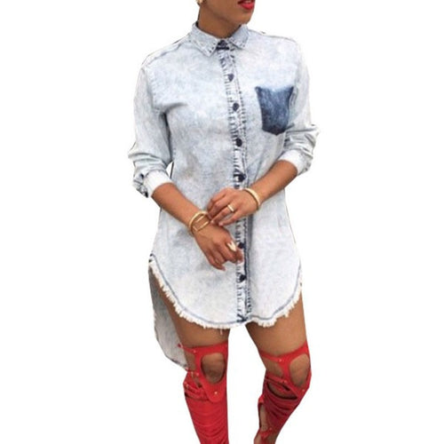 European Streetwear Long Denim Blouse Women Long Sleeve Loose Jeans Shirts Dress Irregular Sexy Women Blouse