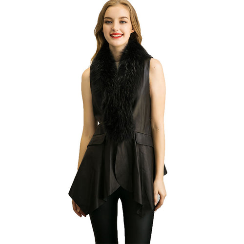 European Faux Fur Vest Coat For Women Slim Irregular Leather Jacket Women Sleeveless Veste Femme Black Long Leather Waistcoat