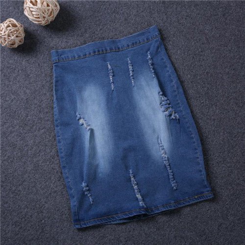 European Style Elastic Cotton Denim Skirt Ripped Jeans Skirt Sexy Bodycon Skirt Frayed Hole Jeans Saia High Waist Skirts