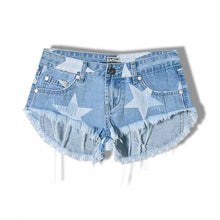 European Style Stars Print Women Shorts Frayed Tassel Denim Shorts Washed Sexy Low Waist Super Shorts Jean Shorts