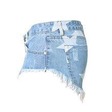European Style Stars Print Women Shorts Frayed Tassel Denim Shorts Washed Sexy Low Waist Super Shorts Jean Shorts
