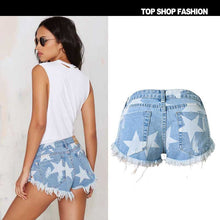 European Style Stars Print Women Shorts Frayed Tassel Denim Shorts Washed Sexy Low Waist Super Shorts Jean Shorts